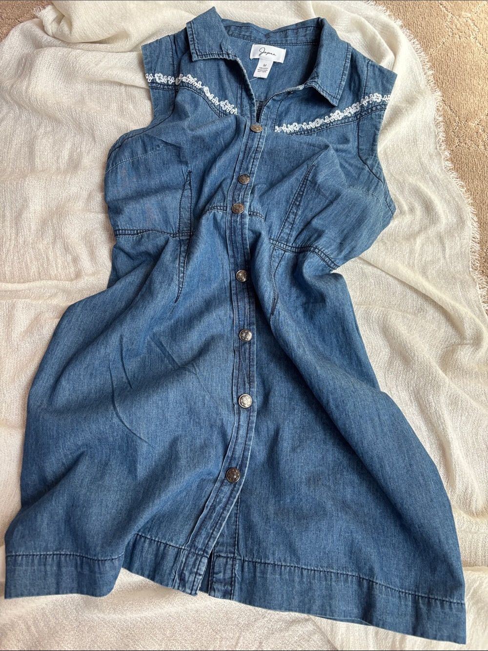 Blue Denim Button-Front Dress with White Embroidered Yoke